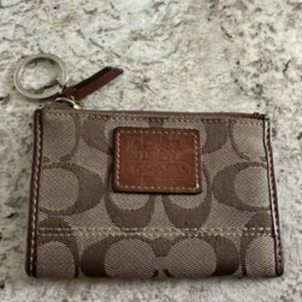 Coach Vintage Tan and Brown Signature Jacquard Card Holder Keychain Pouch